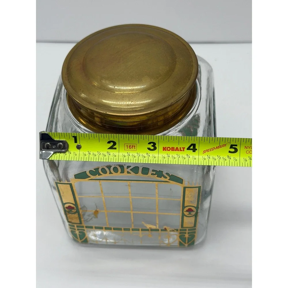 Vintage Art Deco Glass Cookie Jar Brass Lid Multi-Language Cookies Kuchen Green
